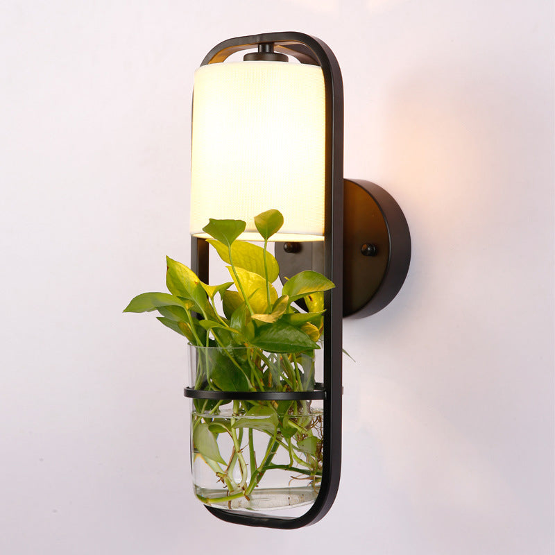 Frendorf | Stof Zwarte Wandlamp Cilindrisch 1 Hoofd Industriële Wandlamp met Rechthoekig Kooi en Plantencontainer