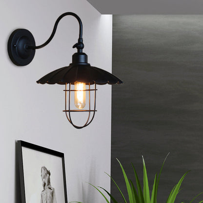 Frendorf | Metalen wandlamp met geschulpte rand en kooi-schaduw Nautisch stijl 1 hoofd Slaapkamer wandgemonteerde lamp in zwart