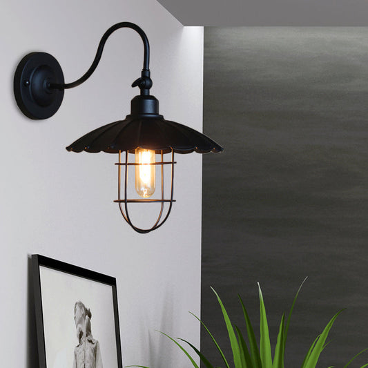 Frendorf | Metalen wandlamp met geschulpte rand en kooi-schaduw Nautisch stijl 1 hoofd Slaapkamer wandgemonteerde lamp in zwart
