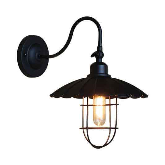 Frendorf | Metalen wandlamp met geschulpte rand en kooi-schaduw Nautisch stijl 1 hoofd Slaapkamer wandgemonteerde lamp in zwart