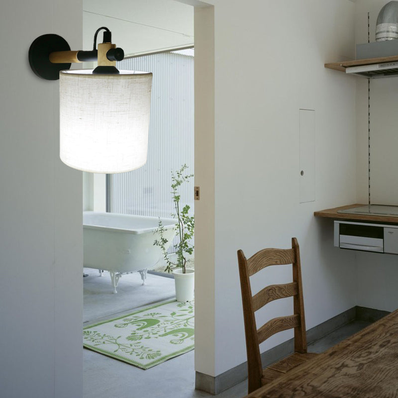 Frendorf | Stoff Zylindrische Wandleuchte Modernist 1 Licht Schlafzimmer Wandmontage Leuchte mit Holzverbindung in Schwarz/Weiß