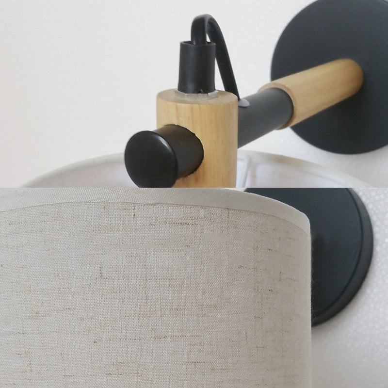 Frendorf | Stoff Zylindrische Wandleuchte Modernist 1 Licht Schlafzimmer Wandmontage Leuchte mit Holzverbindung in Schwarz/Weiß