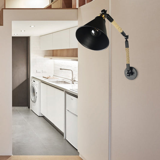 Frendorf | Cone Schlafzimmer Wandmontage Beleuchtung Vintage-Stil Metall und Seil 1 Glühbirne Schwarze Wandleuchte