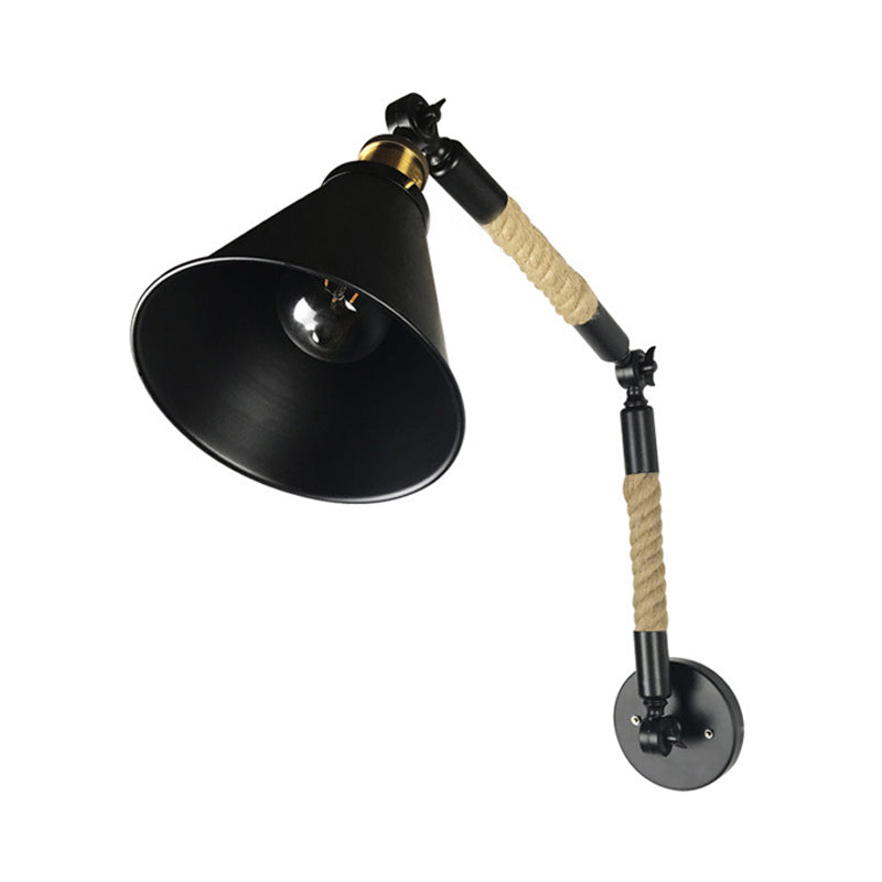 Frendorf | Cone Schlafzimmer Wandmontage Beleuchtung Vintage-Stil Metall und Seil 1 Glühbirne Schwarze Wandleuchte