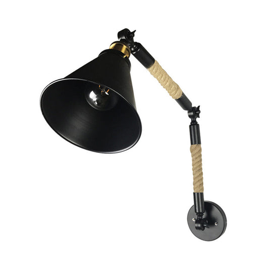 Frendorf | Cone Schlafzimmer Wandmontage Beleuchtung Vintage-Stil Metall und Seil 1 Glühbirne Schwarze Wandleuchte