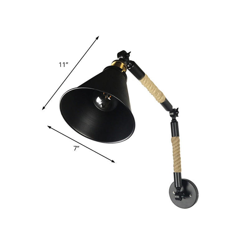 Frendorf | Cone Schlafzimmer Wandmontage Beleuchtung Vintage-Stil Metall und Seil 1 Glühbirne Schwarze Wandleuchte