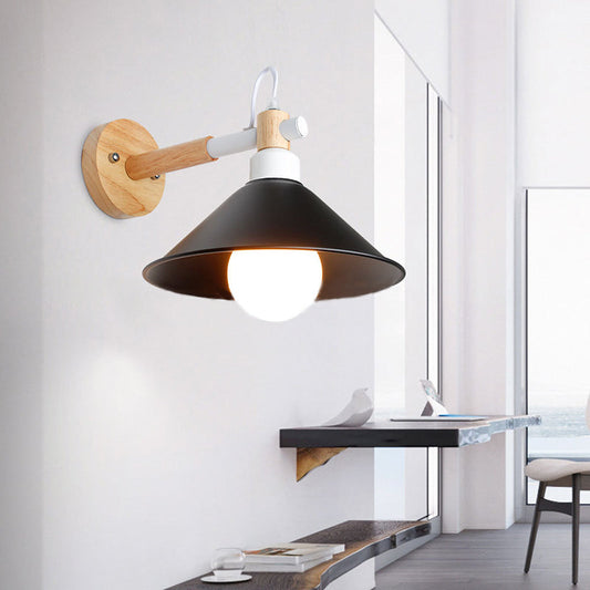 Frendorf | 1 Kopf konische Wandlampe Licht Nordic Stil Schwarz Metallische Wandbeleuchtung mit Holzrückwand