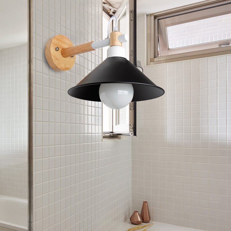 Frendorf | 1 Kopf konische Wandlampe Licht Nordic Stil Schwarz Metallische Wandbeleuchtung mit Holzrückwand