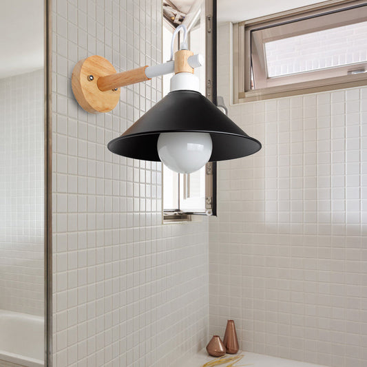 Frendorf | 1 Kopf konische Wandlampe Licht Nordic Stil Schwarz Metallische Wandbeleuchtung mit Holzrückwand