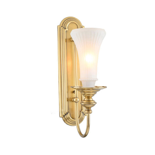 Frendorf | 1/2-Bol Bell Wandleuchte Kolonial Gold Frosted Weiß Glas Wandleuchte mit Metallganshalsarm