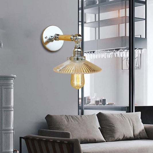 Frendorf | 1 Lichtklar ribbelig Glas Wand Sconce Licht Industriell Chrom Cone Wohnzimmer Beleuchtung Fixture, 8"/4"/6" Breite Holzarm