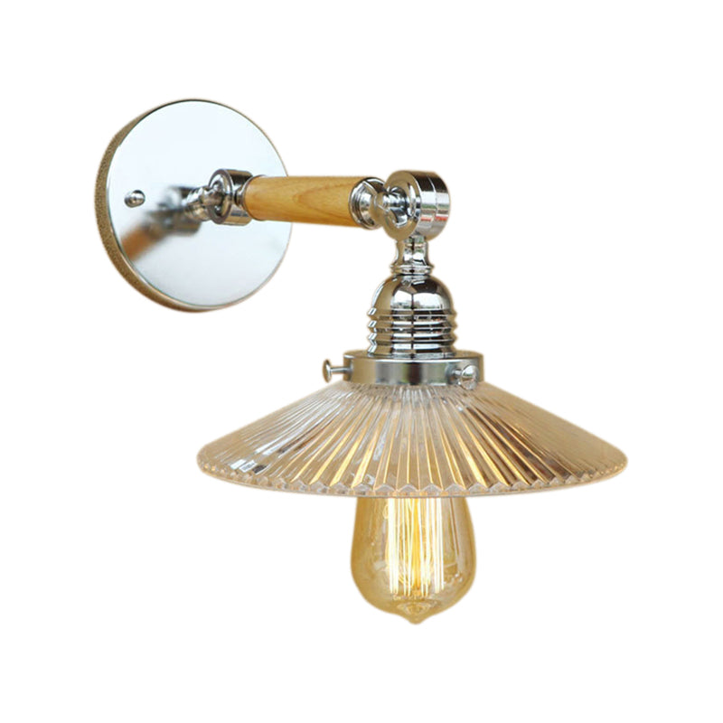 Frendorf | 1 Lichtklar ribbelig Glas Wand Sconce Licht Industriell Chrom Cone Wohnzimmer Beleuchtung Fixture, 8"/4"/6" Breite Holzarm