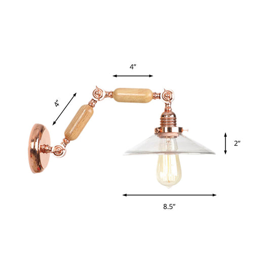 Frendorf | Klarer Glas Holz Wandleuchte Kegel 1-Licht Industrielle Wandlampe mit ausziehbarem Arm