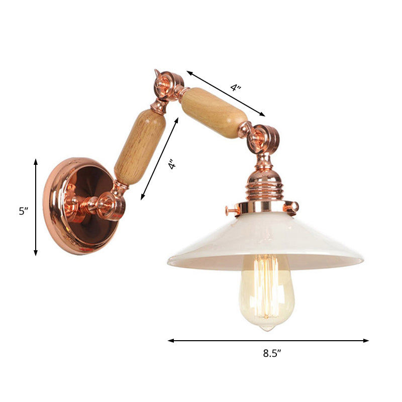 Frendorf | Weiße Glas konische Wandlampe Industrie 1 Licht Wohnzimmer Beleuchtungseinrichtung mit ausziehbarem Arm