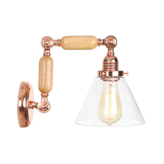 Frendorf | Kegel Shade Slaapkamer Wandlamp Vintage Duidelijk Glas 1 Licht Houten Wandlamp met Lange Arm