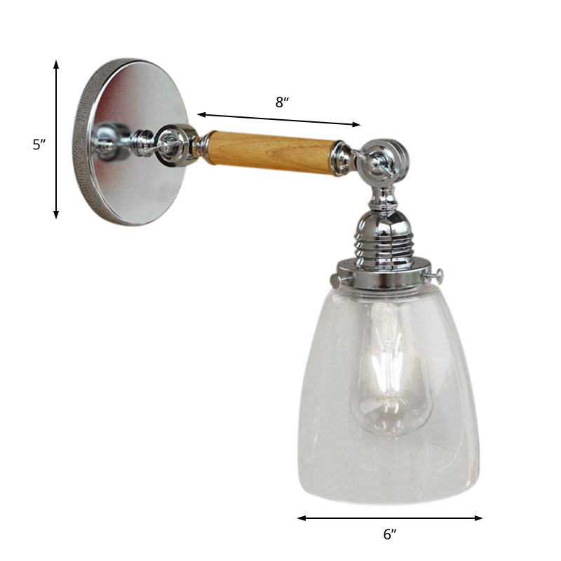 Frendorf | Einschichtiges Wandleuchten mit Domschirm Klarglas Industrielle Wohnzimmer Leuchte, 8"/4"/6" L Holzarm