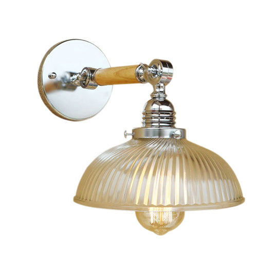Frendorf | Gewölbte Wohnraum Wandlichtarmatur Antik Stilvolle Rippenglas 1 Licht Klare Wandlampe für Flur, 8"/4"/6" L Holzarm