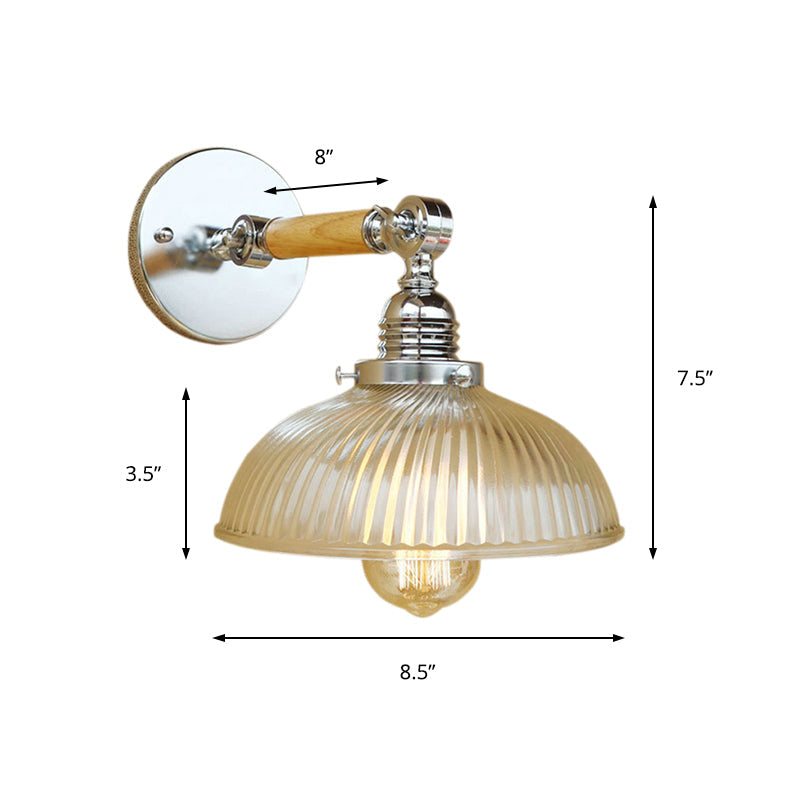 Frendorf | Gewölbte Wohnraum Wandlichtarmatur Antik Stilvolle Rippenglas 1 Licht Klare Wandlampe für Flur, 8"/4"/6" L Holzarm