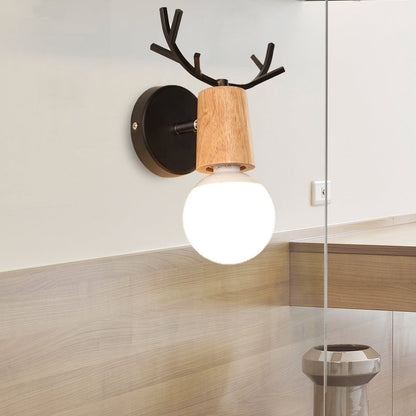 Frendorf | 1 Licht Bare Bulb Wandlamp Modern Stil Zwart/Wit Afwerking Metaal en Hout Wandverlichting met Hertenkant