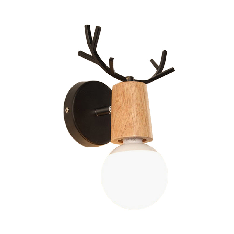 Frendorf | 1 Licht Bare Bulb Wandlamp Modern Stil Zwart/Wit Afwerking Metaal en Hout Wandverlichting met Hertenkant