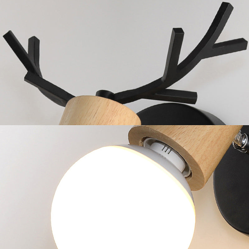 Frendorf | 1 Licht Bare Bulb Wandlamp Modern Stil Zwart/Wit Afwerking Metaal en Hout Wandverlichting met Hertenkant