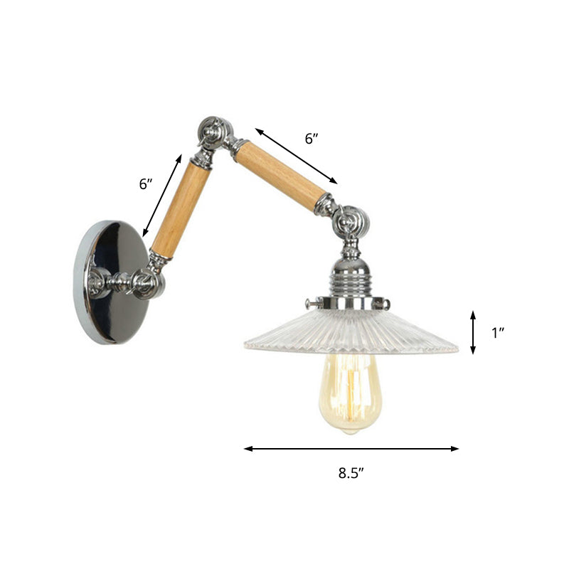Frendorf | Eine Leuchten Wandlampe mit Schüsselschirm geriffeltes Glas Vintage Arbeitszimmer Wandleuchte mit 8"+8"/6"+6"/8"+4" ausziehbarem Holzarm