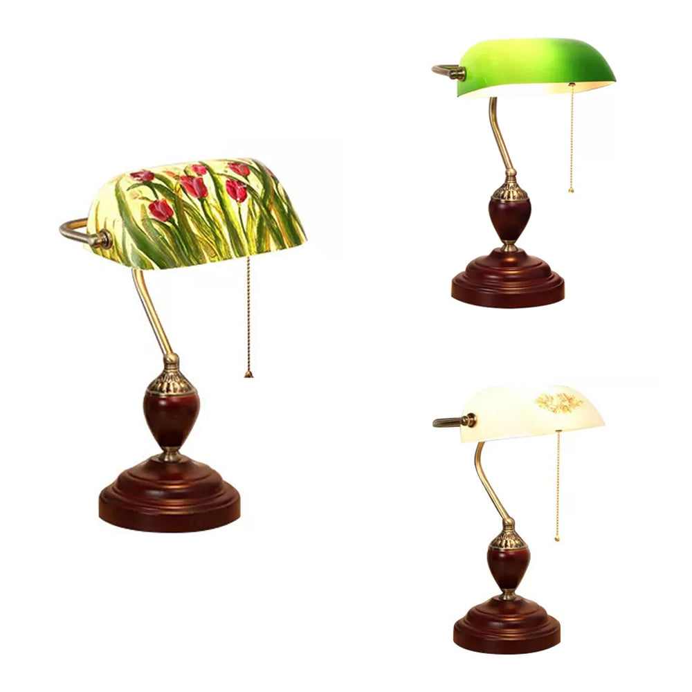 Traditioneller Stil Rollover Shade Banker Lampe 1 Licht Grün/Rot/Weiß Glas Banker Schreibtischlampe mit Zugkette für Schlafzimmer