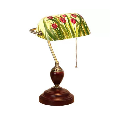 Traditioneller Stil Rollover Shade Banker Lampe 1 Licht Grün/Rot/Weiß Glas Banker Schreibtischlampe mit Zugkette für Schlafzimmer