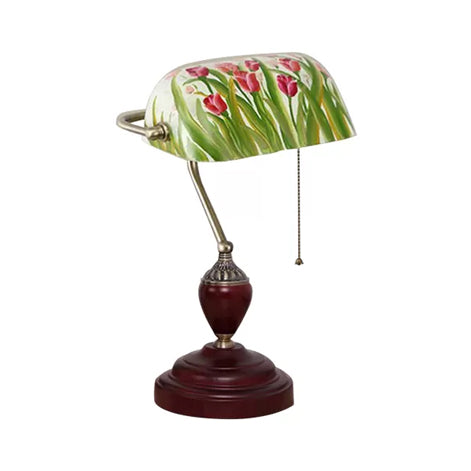 Traditioneller Stil Rollover Shade Banker Lampe 1 Licht Grün/Rot/Weiß Glas Banker Schreibtischlampe mit Zugkette für Schlafzimmer