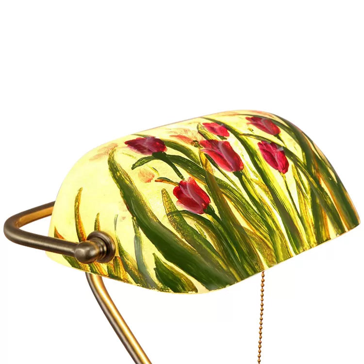 Traditioneller Stil Rollover Shade Banker Lampe 1 Licht Grün/Rot/Weiß Glas Banker Schreibtischlampe mit Zugkette für Schlafzimmer