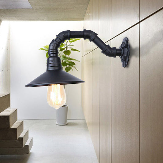 Frendorf | Industrielle Gebogene Rohr Wandbeleuchtung mit Schalenform Shade 1 Kopf Metall Wandmontage Licht in Schwarz Finish