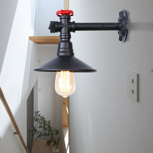 Frendorf | Industriële loodgietersbuis wandlamp met rode klep deco 1 licht metalen wandmontage lamp in zwart