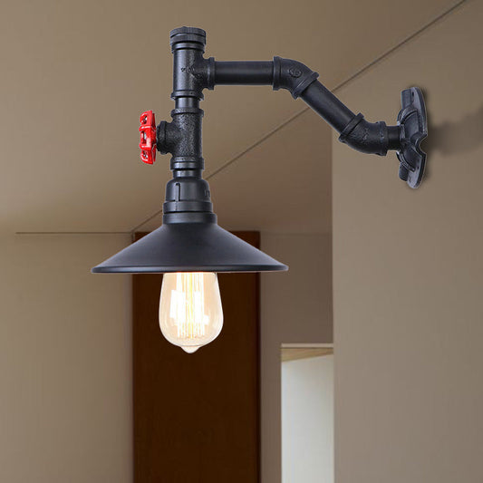 Frendorf | Warehouse Ausladende Wandlampe Sconces 1 Glühbirne Metallic Wandbeleuchtung mit Rohrleitung und rotem Ventil in Schwarz