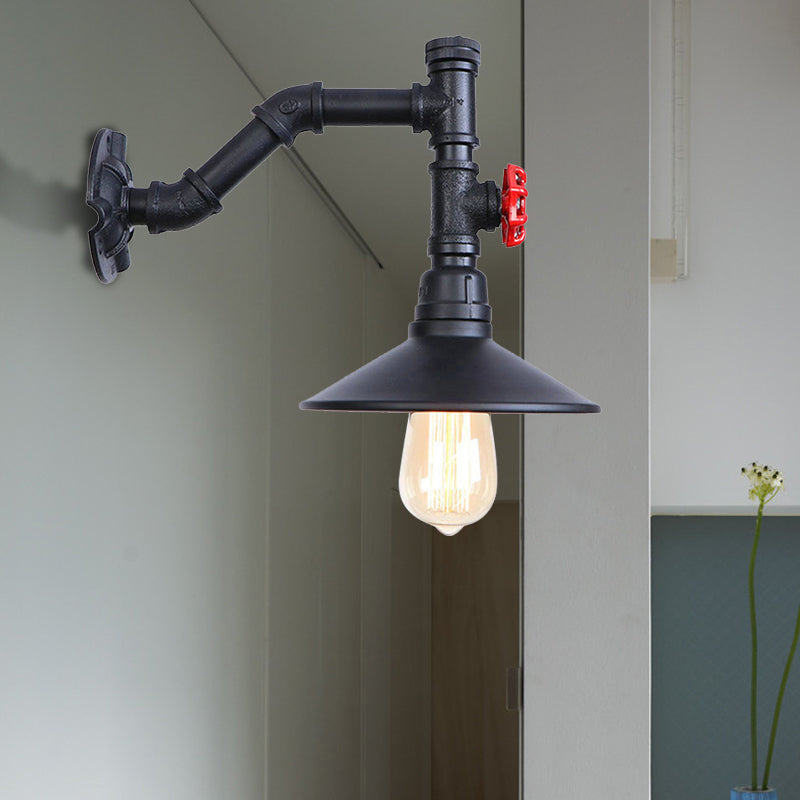 Frendorf | Warehouse Ausladende Wandlampe Sconces 1 Glühbirne Metallic Wandbeleuchtung mit Rohrleitung und rotem Ventil in Schwarz