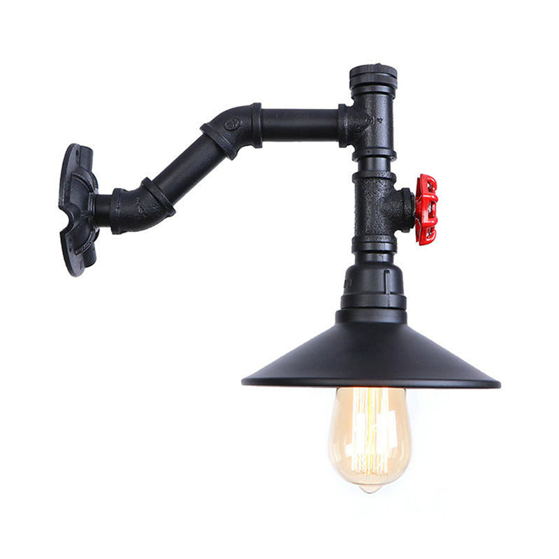 Frendorf | Warehouse Ausladende Wandlampe Sconces 1 Glühbirne Metallic Wandbeleuchtung mit Rohrleitung und rotem Ventil in Schwarz