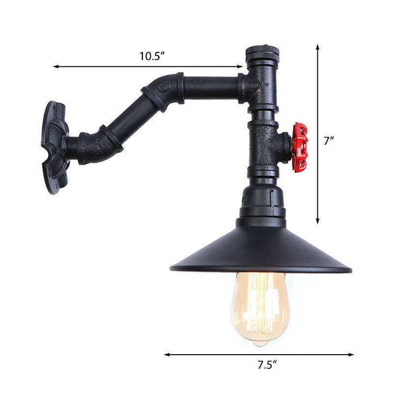 Frendorf | Warehouse Ausladende Wandlampe Sconces 1 Glühbirne Metallic Wandbeleuchtung mit Rohrleitung und rotem Ventil in Schwarz