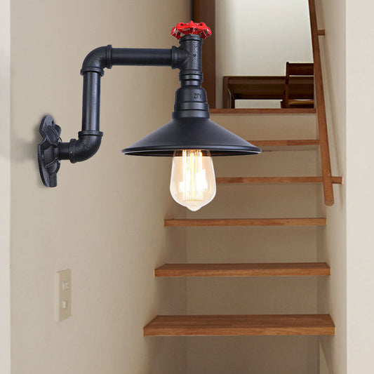 Frendorf | Metallisch schwarze Oberfläche Wand sconce Licht konische Shade 1 Licht industrielle Wand Licht Fixture mit Ventil Rad