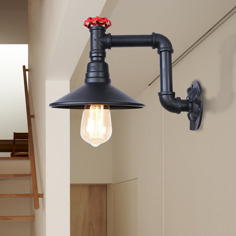 Frendorf | Metallisch schwarze Oberfläche Wand sconce Licht konische Shade 1 Licht industrielle Wand Licht Fixture mit Ventil Rad