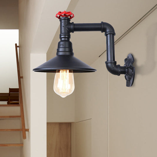 Frendorf | Metallisch schwarze Oberfläche Wand sconce Licht konische Shade 1 Licht industrielle Wand Licht Fixture mit Ventil Rad