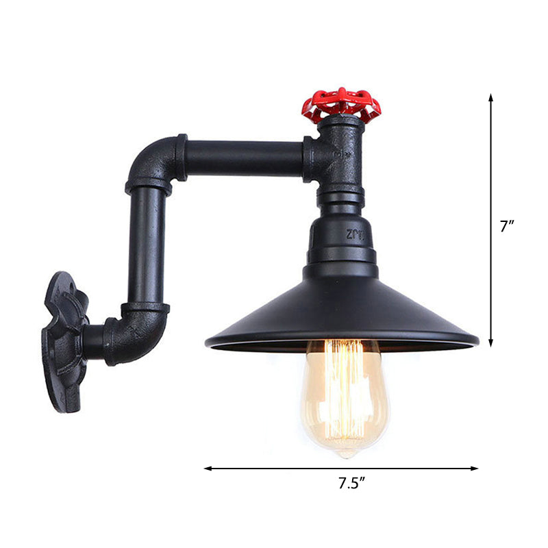Frendorf | Metallisch schwarze Oberfläche Wand sconce Licht konische Shade 1 Licht industrielle Wand Licht Fixture mit Ventil Rad