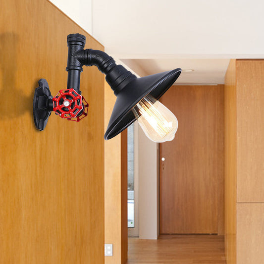 Frendorf | Eisen Schwarz Finish Wandlampe Sanitärrohr 1 Glühbirne Rustikal industrieller Wandmontage Licht mit flacher Schirm und rotem Ventil