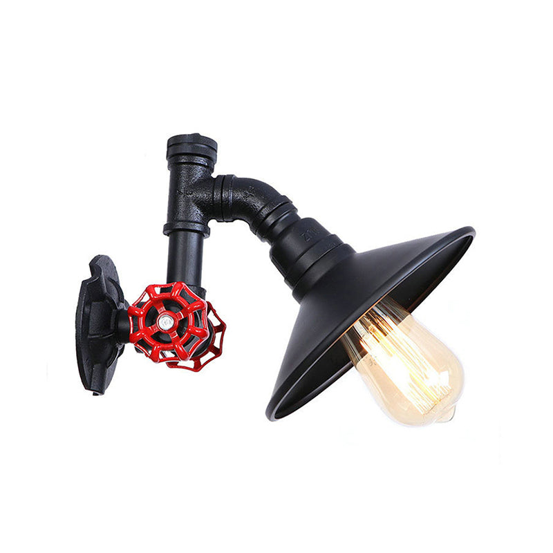 Frendorf | Eisen Schwarz Finish Wandlampe Sanitärrohr 1 Glühbirne Rustikal industrieller Wandmontage Licht mit flacher Schirm und rotem Ventil