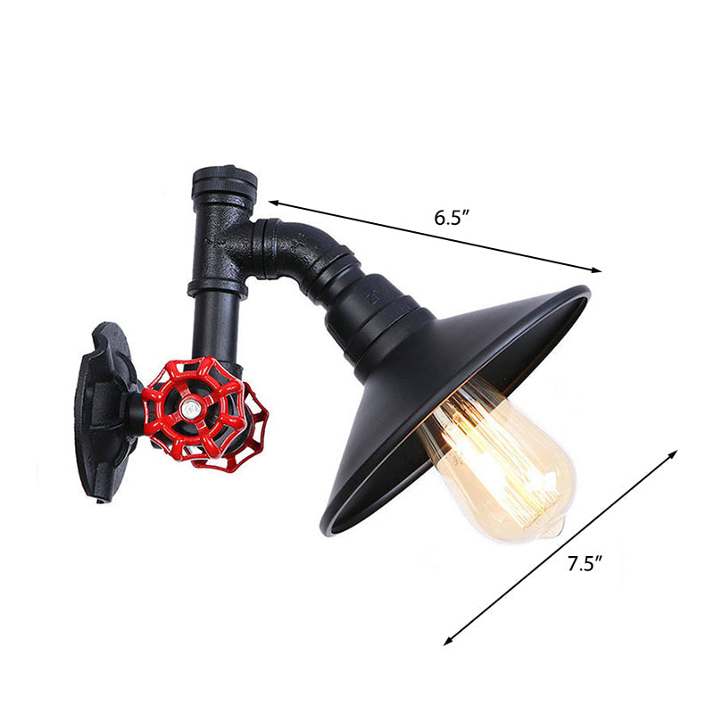 Frendorf | Eisen Schwarz Finish Wandlampe Sanitärrohr 1 Glühbirne Rustikal industrieller Wandmontage Licht mit flacher Schirm und rotem Ventil