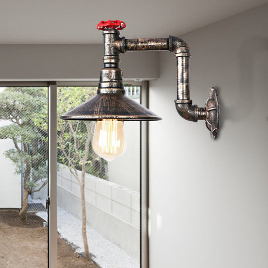 Frendorf | Eisen Wasserrohr Wandlampe mit Schirm Retro Vintage 1 Licht Balkon Wandleuchte Beleuchtung in gealtertem Bronze