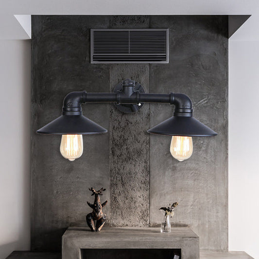 Frendorf | Schwarze Flare Shade Wandlampe Leuchte Industrielles Metall 2 Glühbirnen Esszimmer Wandleuchte Beleuchtung mit Rohr