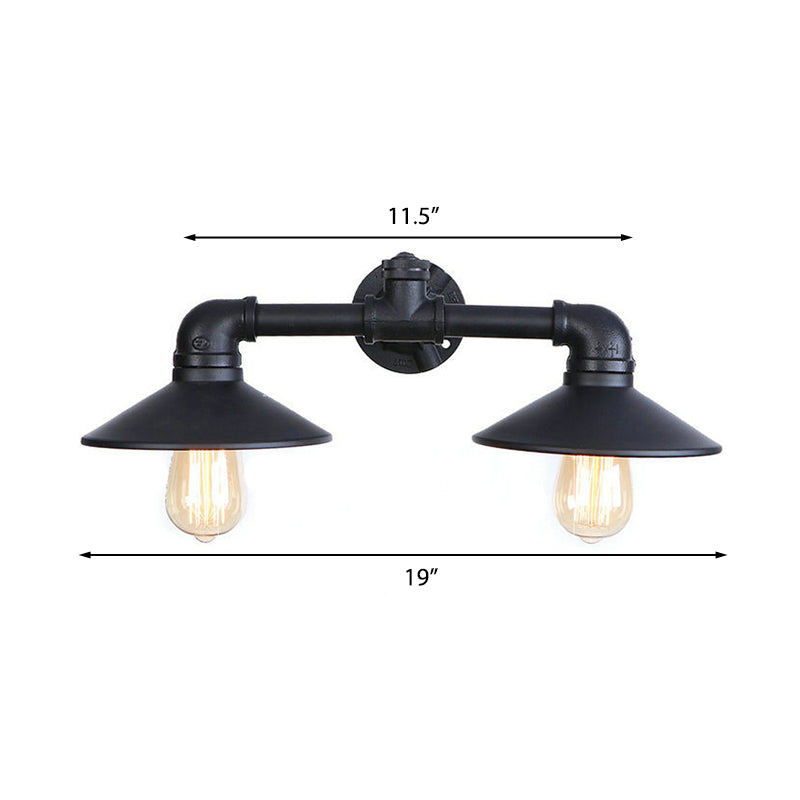 Frendorf | Schwarze Flare Shade Wandlampe Leuchte Industrielles Metall 2 Glühbirnen Esszimmer Wandleuchte Beleuchtung mit Rohr