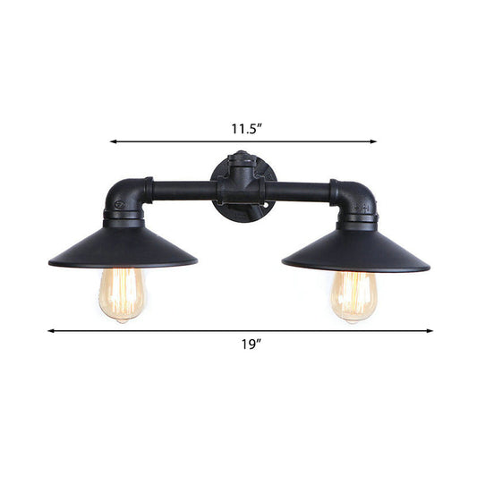 Frendorf | Schwarze Flare Shade Wandlampe Leuchte Industrielles Metall 2 Glühbirnen Esszimmer Wandleuchte Beleuchtung mit Rohr