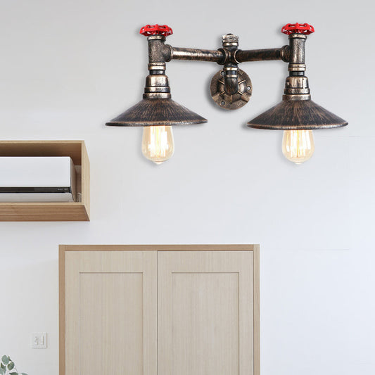 Frendorf | Verwitterd Brons 2 Lampen Wandmontage Licht Steampunk Smeedijzeren Conus Schaduw Wandlamp met Rode Ventiel