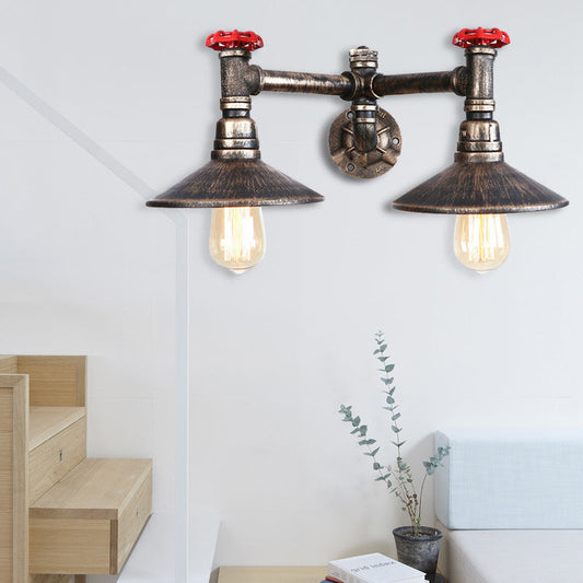 Frendorf | Verwitterd Brons 2 Lampen Wandmontage Licht Steampunk Smeedijzeren Conus Schaduw Wandlamp met Rode Ventiel