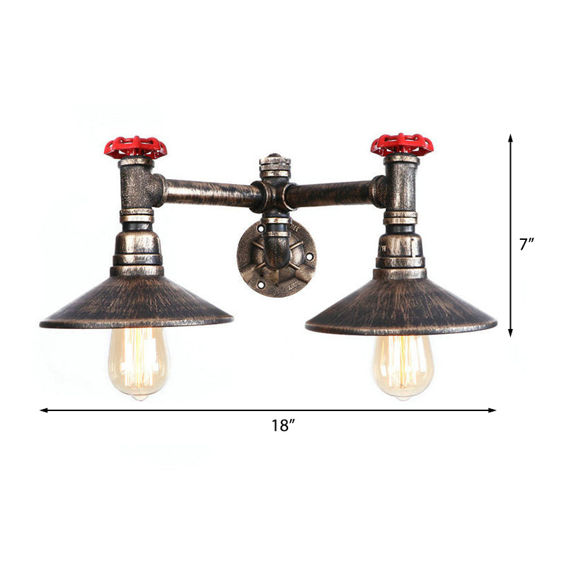 Frendorf | Verwitterd Brons 2 Lampen Wandmontage Licht Steampunk Smeedijzeren Conus Schaduw Wandlamp met Rode Ventiel